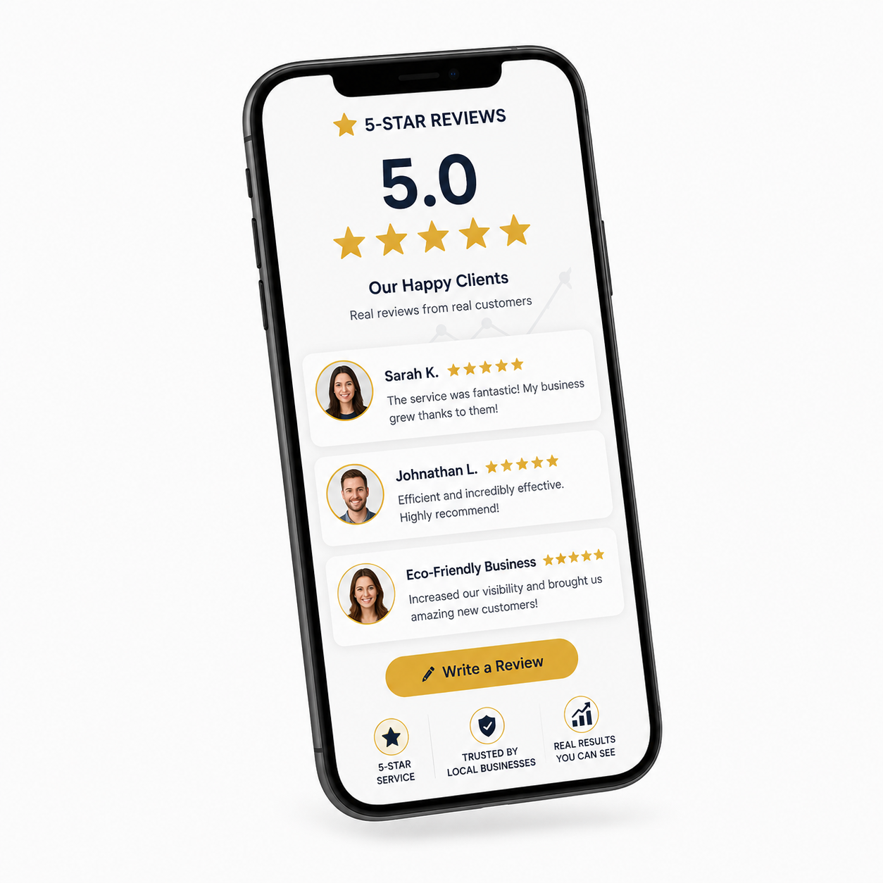 5-star reviews on phone mockup
